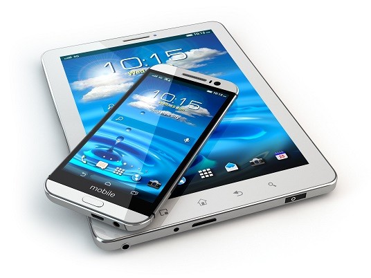 Mobile devices. Smartphone and tablet pc on white isolated backg